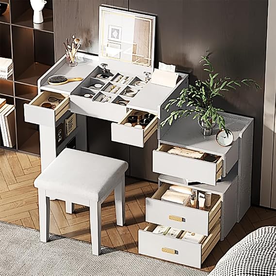 Polibi 3-in-1 Flip-Top Vanity Desk with LED Mirror - Adjustable Lighting Makeup Table, Writing Desk & Nightstand, Retractable Side Cabinet, 5 Storage Compartments, Includes Stool, White