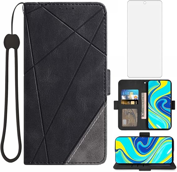 Compatible with Xiaomi Redmi Note 9 Pro/Note 9s/Note9 Pro Max/Poco M2 Pro Wallet Case Tempered Glass Screen Protector Leather Flip Card Holder Stand Cell Phone Cover for Redme Note9S Note9Pro 4G Black
