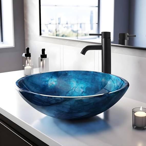 Vessel Sink 16.5" Bathroom Sinks Tempered Glass Blue Art Basin Round Bowl with Faucet Combo Blue(20205)