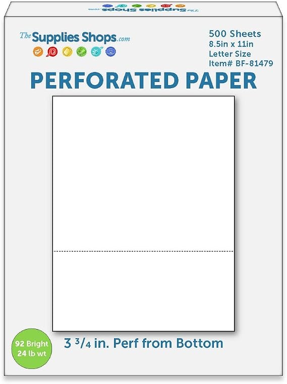 Perforated Paper, 3 3/4" From Bottom, Horizontal on White 24# Letter Size Copy Paper (Ream of 500)