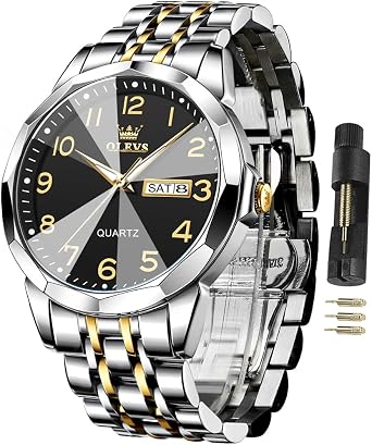 OLEVS Watches for Men Business Dress Diamond Analog Quartz Big Face Luxury Classic Stainless Steel Waterproof Luminous Two Tone Wristwatch
