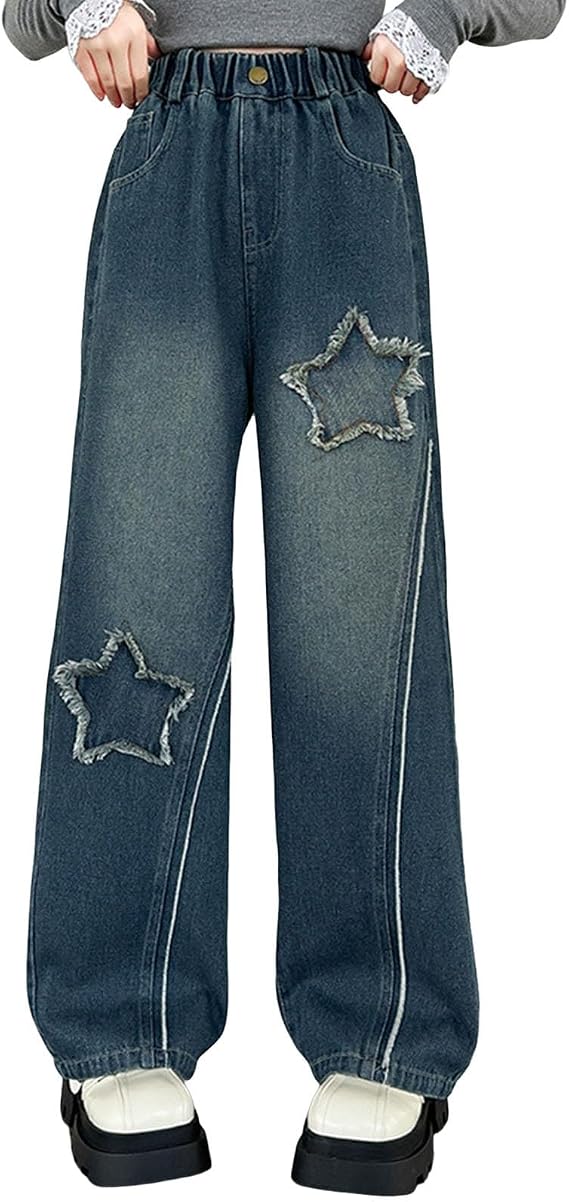 Girls' Jeans Cute Preppy Trousers Y2k Streetwear Washed Baggy Wide Leg