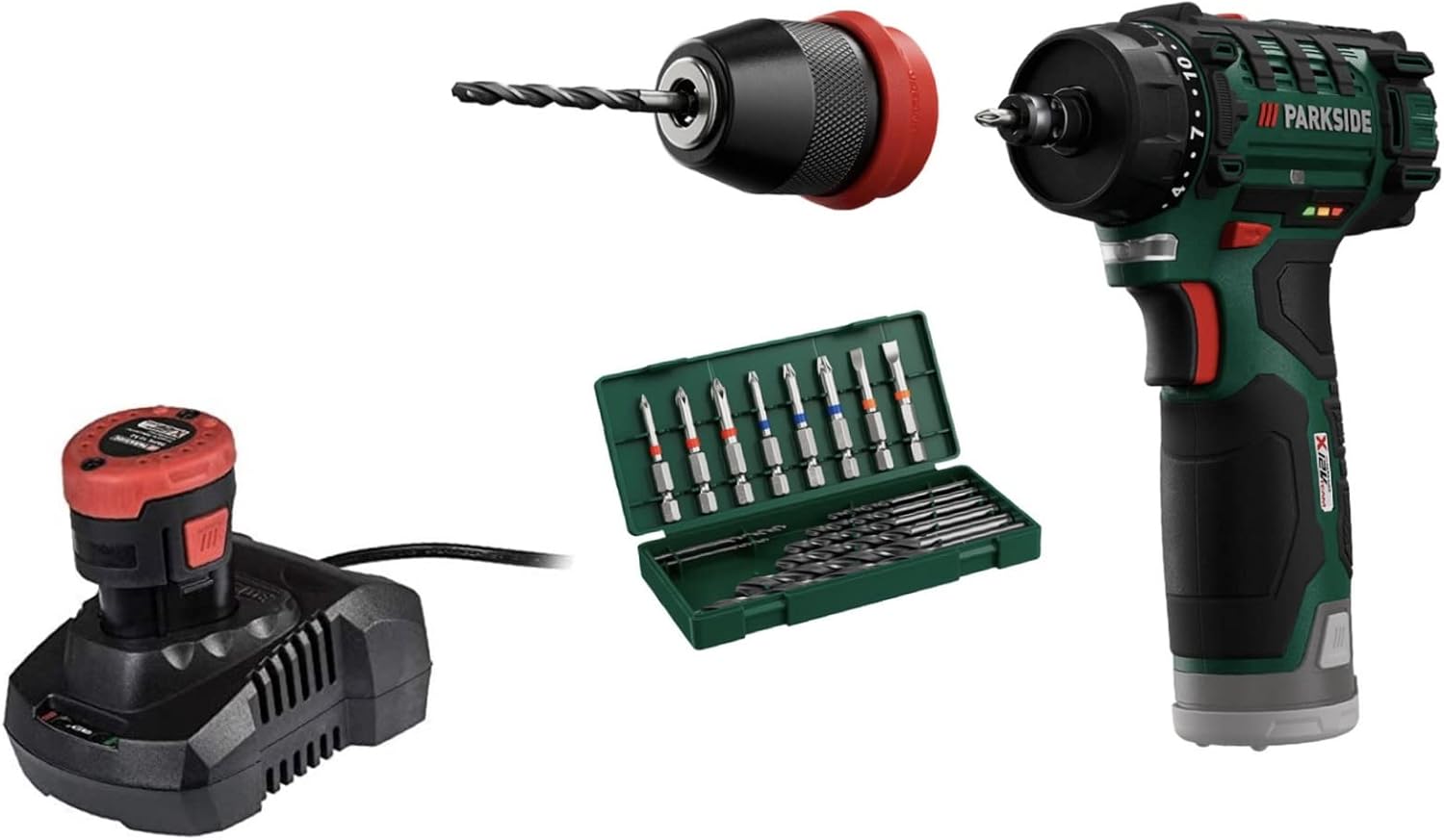 NA-1 Parkside 12V Cordless Drill 2-Speed Drive infinitely Variable Speed/Quick Stop, 8 Screwdriver bits 8 HSS Drills, Removable Metal keyless Chuck Quick Release, Battery/Charger Included