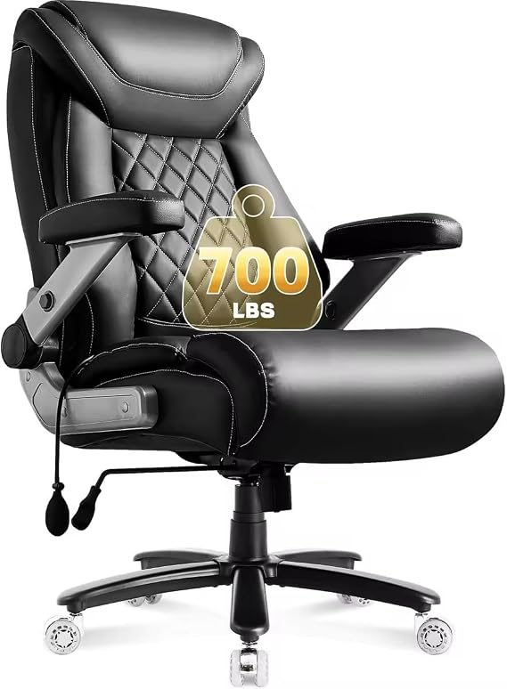 700lbs Leather Big and Tall Office Chair, Ergonomic Heavy Duty Executive Office Chair with 5D Flip Arms & Adjustable Lumbar Support & Dual Rubber Wheel, Large Thick Padded Extra Wide Seat, Black