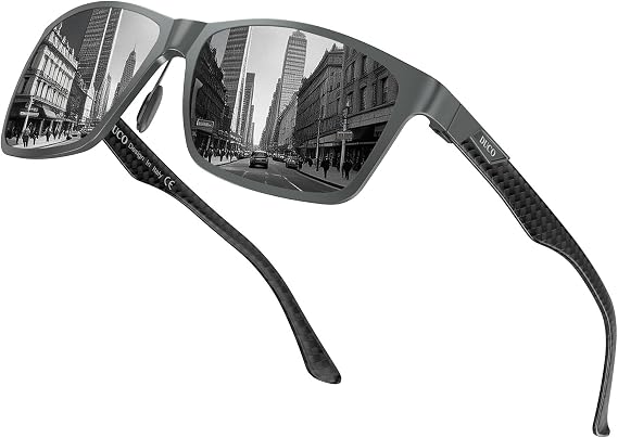 DUCO Polarized Square Lightweight Sunglasses for Men 8206 | UV400, 24g, Al-Mg Frame, Carbon Fiber Temple, Spring Hinge, Adjustable Nose Pads, for Driving, Golf, Fishing, Sports