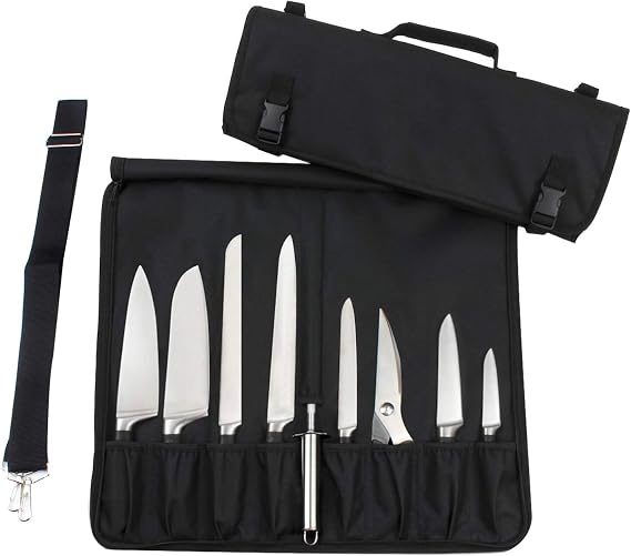 Tosnail Chef Knife Roll Bag with Carry Handle and Shoulder Strap, Large Capacity Kitchen Knife Storage Bag, Portable Knife Carrying Case with Double Folded Design, Black