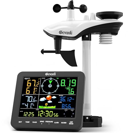 Gevanti Home Weather Station with Rain Gauge and Wind Speed, Weather Stations Wireless Indoor Outdoor with Rain Gauge Outdoor, Alarm Clock, Temperature, Humidity, Forecast, Moon Phase(No WiFi)