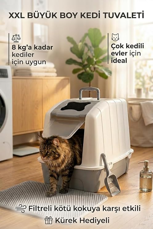 XXL Büyük Boy Kapalı Kedi Tuvaleti, Filtreli ve Kürek Hediyeli, 59x41,5x47,5 cm - VN11097