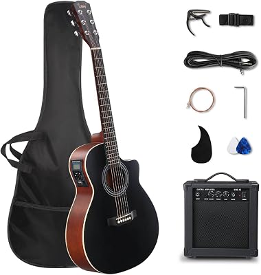 GLARRY 36in Acoustic Electric Guitar Beginner Kit with 15W Amp, 5-band EQ Dreadnought Design 6 Strings Electric Acoustic Guitar with Bag, Strap, Picks, Strings, Wrench Black