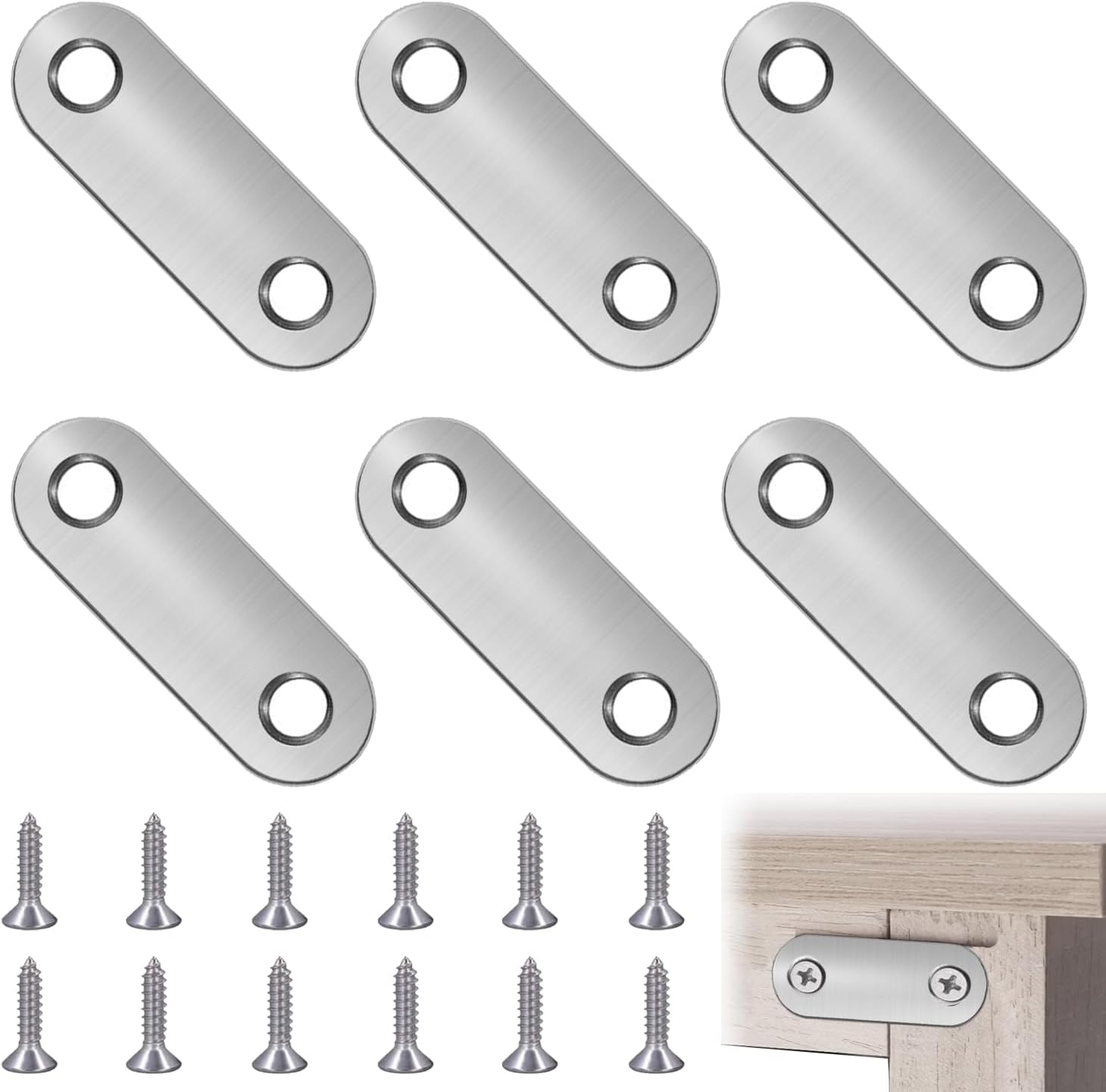 6 Pcs Flat Fixing Brackets, Flat Straight Brace Brackets, Flat Plate Bracket, Stainless Steel Straight Bracket, Connecting Plates, Flat Support Corner Repair Connector, with 12 Screws