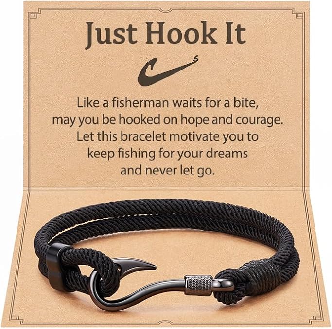 Black Bracelet for Men Husband Dad Fishing Gifts for Men Who Loves Fishing Just Hook It with Message Card