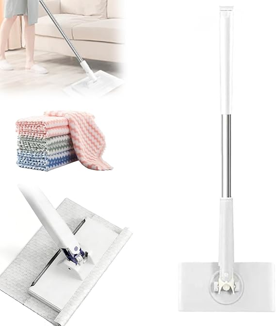 Planvisi Mop, Clip-to-Grip Floor Mop, Snap Grip Mini Mops, Retractable Gap Cleaner Flat Mops with Locking Head & Sweeping Cloths, Long Handle Mopping Sweeper Stick for Floors (28in-W+ Cloth*10)