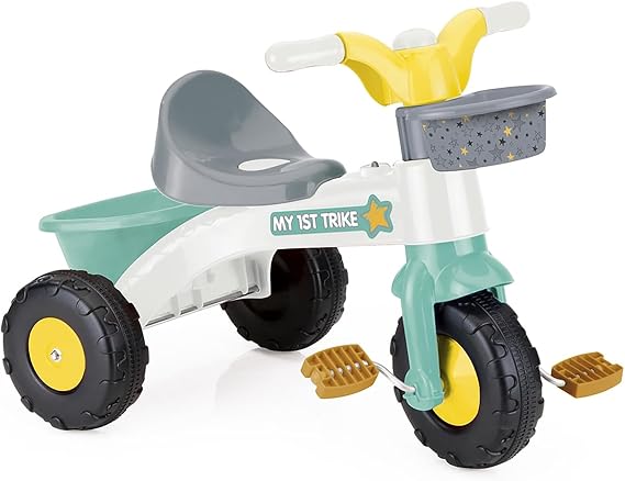 DOLU: My First Trike: White, Green, Yellow - Pedal Operated 3 Wheeled Bike, 2 Baskets, Indoor & Outdoor Tricycle, Ride-On Toy, Kids Toddlers Ages 2+