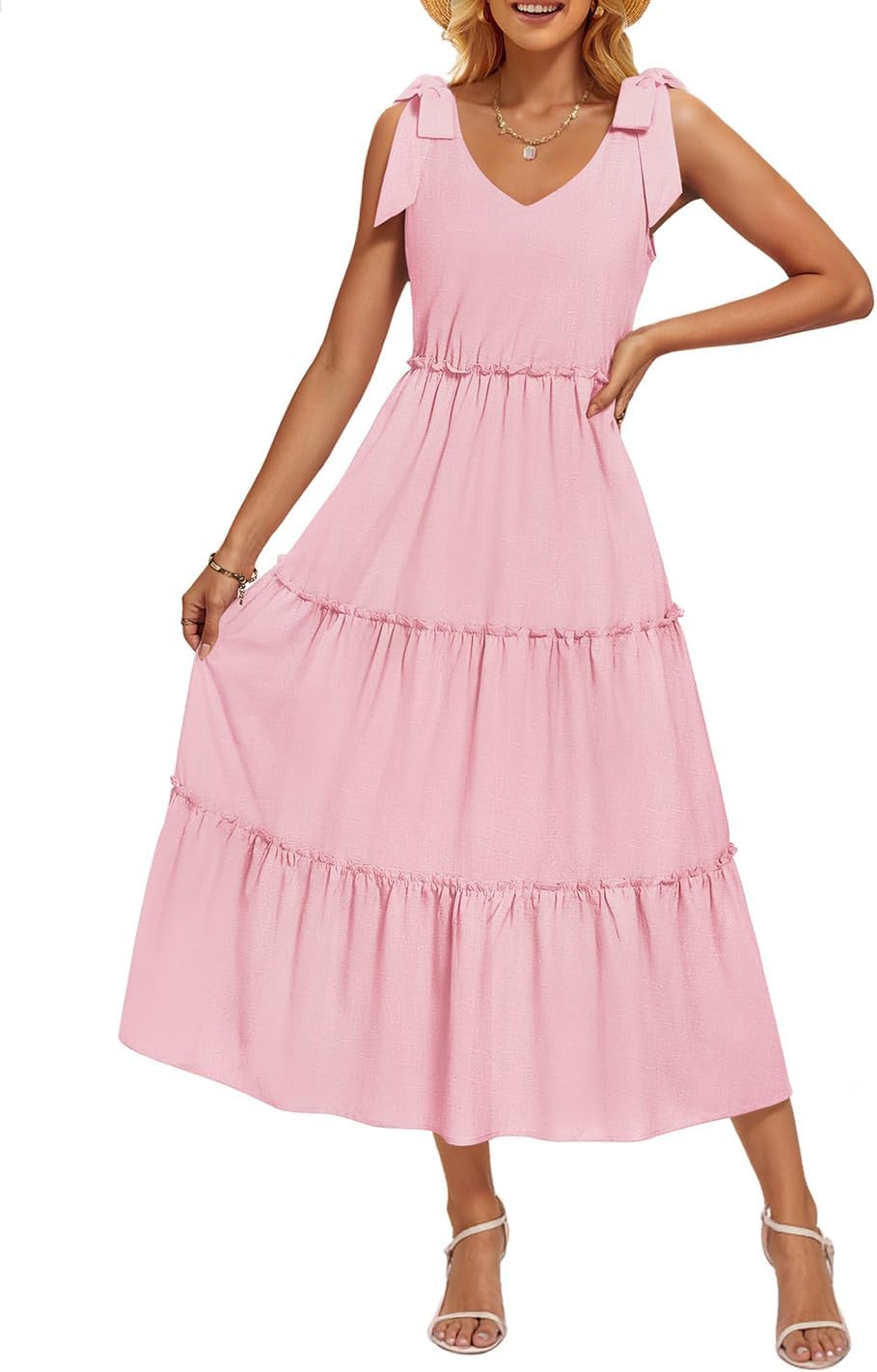 ZESICA Womens 2025 Summer Boho Casual V Neck Sleeveless Midi Dresses Tie Shoulder Flowy Tiered A Line Beach Long Sundress