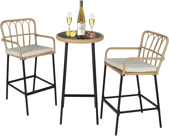 ENSTVER 3-Piece Patio Rattan Bar Set,Outdoor High Top Table and Chairs Set