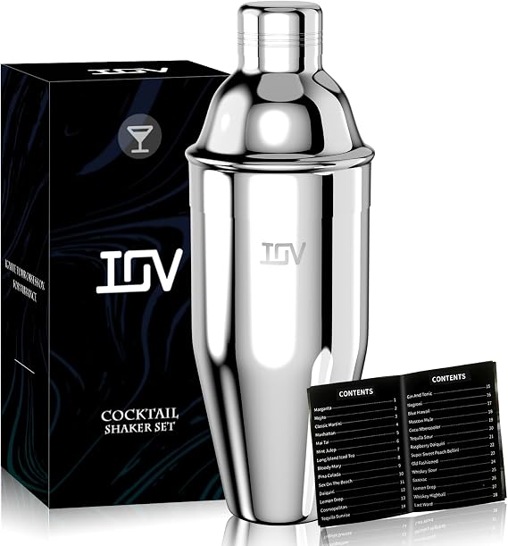 IOV Cocktail Shaker, 24 oz Martini Shaker, Drink Mixer with Built-in Strainer, Professional Stainless Steel Margarita Alcohol Shakers with Cocktail Recipe Guide, Bartender Kit Gifts