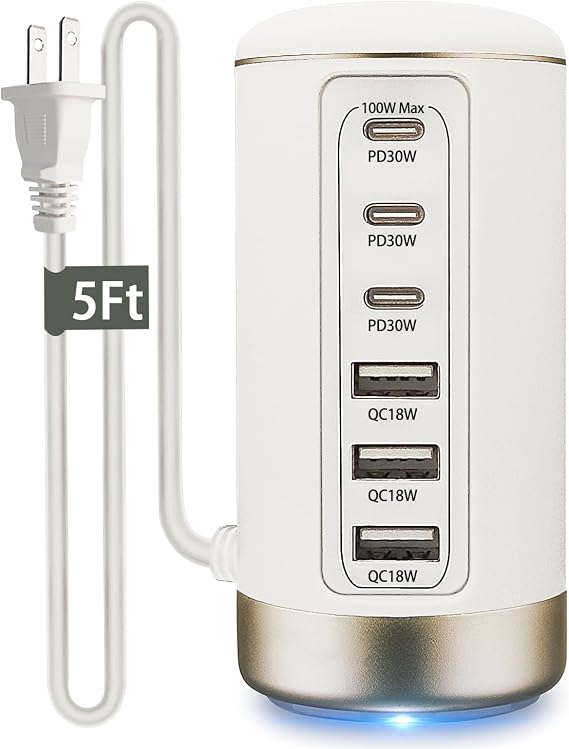 EGK 100W USB C Şarj İstasyonu 6 Bağlantı Noktalı 30W USB-C ve 30W USB-A Bağlantı Noktaları - Telefon 13/14, Samsung Galaxy, Pixel 7/7 Pro, Pad, Pad Pro ve Daha Fazlası için Kompakt, Yerden Tasarruflu