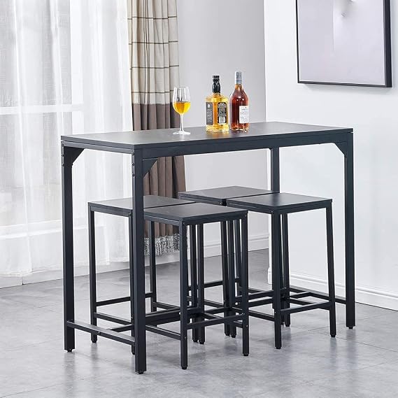 Modern 5 PCS Bar Table and 4 Counter Stools Set for Breakfast Black Marble-like Dining Room Table and Chair Set of 4 for Kitchen Small Dinette Wood Tabletop Metal Frame Home Apartment