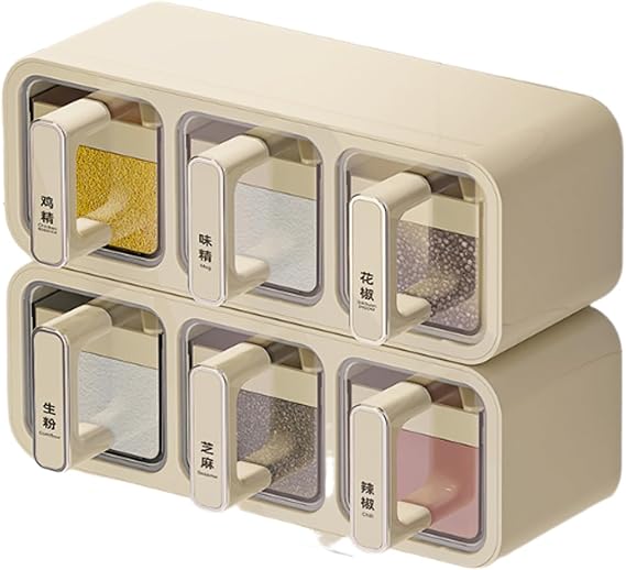 Dxcaicc Drawer Spice with Spoon and Label, Kitchen Spice Organizer, Seasoning Storage Box with Top Table, for Salt Sugar Pepper Spice,Beige,6 Slots