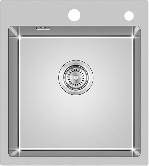 304 Stainless Steel Kitchen Sink 45 x 50 cm, Small Sink, Drain Set | Topmount Sink with Tap Hole and Overflow, 1 Bowl, Brushed