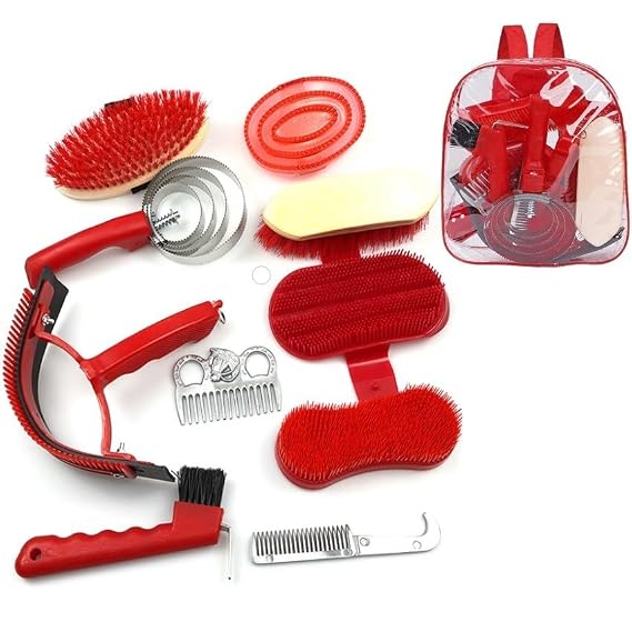 10pcs Horse Grooming Kit, Horse Care Set with Tote Bag, Sweat Scraper, Curry Comb, Brush, Hoof Pick - Essential Equine Grooming Supplies-MP1133