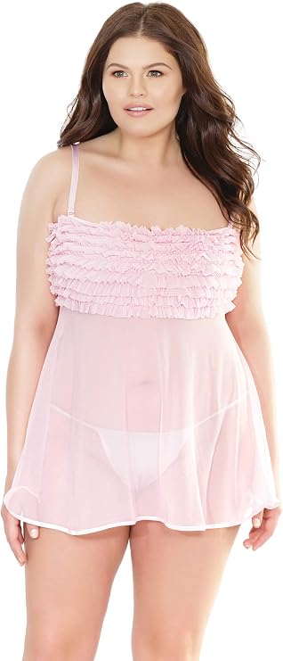 Womens Plus Size Stretchy Mesh Ruffle Bust Adjustable Babydoll Top Lingerie Light Pink