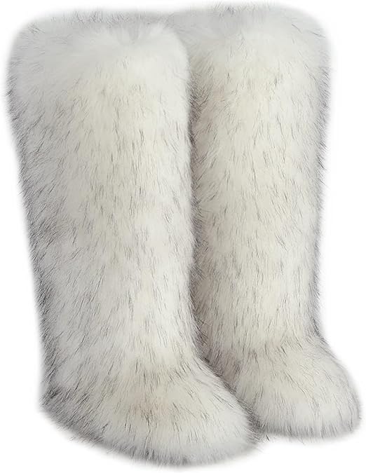 QMFUR Women's Furry Faux Fur Boot Fluffy Knee High Snow Boots Round Toe Suede Winter Comfy Plush Warm Outdoor Indoor Flat Shoes Fashion Boots
