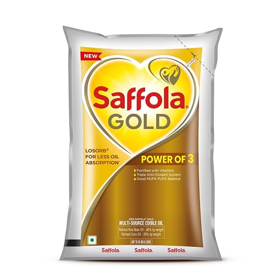 Saffola Gold Refined Oil|Blend of Rice Bran oil & Corn oil|Cooking oil|Pro Healthy Lifestyle Edible Oil 1 Litre Pouch