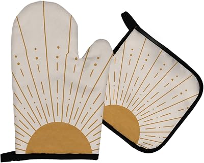 Mingnei Boho Sun Oven Mitts and Pot Holders Sets, Boho Sun Kitchen Decor,Sun Sunshine Heat Resistant Hot Pads Kitchen Decor for Cooking Baking BBQ Grilling, Bohemian Sun Oven Glove Set,Sun Gifts