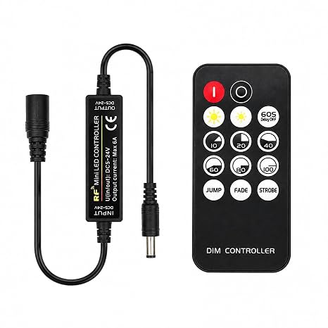 Wireless LED Dimmer Controller for Indoor Home Decoration, Adjustable Brightness & Dynamic Effects, Compatible with 5V/12V/24V LED Strip Lights (14-Key RF Remote, Single Color Control)
