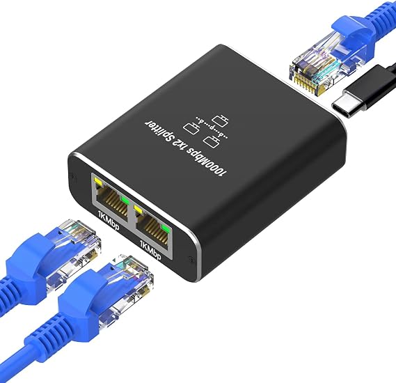 Loydia 1000 Mbps Ethernet Dağıtıcı, LAN Dağıtıcı 1 ila 2 RJ45 LAN Switch 2 Port with Type-C Power Cable, Gigabit Ethernet Splitter LAN Switch for PC, Laptop, Switch, Router, Ağ Soketi, TV Kutusu