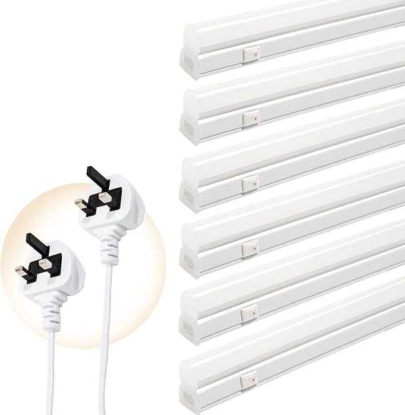 LED Batten Lights with UK Plug, 6-Pack 4FT 18W 2000lm Garage Lighting, T5 4000K Workshop Lighting, Connect Up to 6 LED Tube Lights, Office Lighting with On/Off Switch, Light Fixture [Energy Class D]