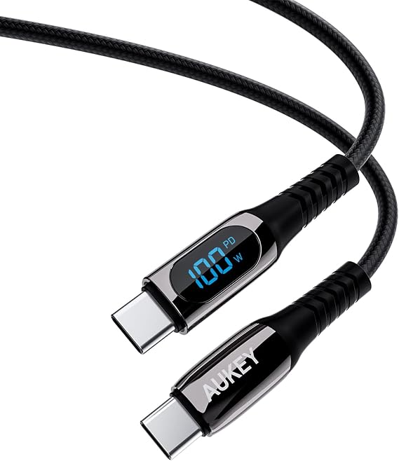 AUKEY CB-CC13L USB Type-C Cable, Type C to Type C, Length 6.6 ft 2 m Type, PD Rapid Charging, Digital Display, 100 W, Smartphone Data Transfer, 480 Mbps