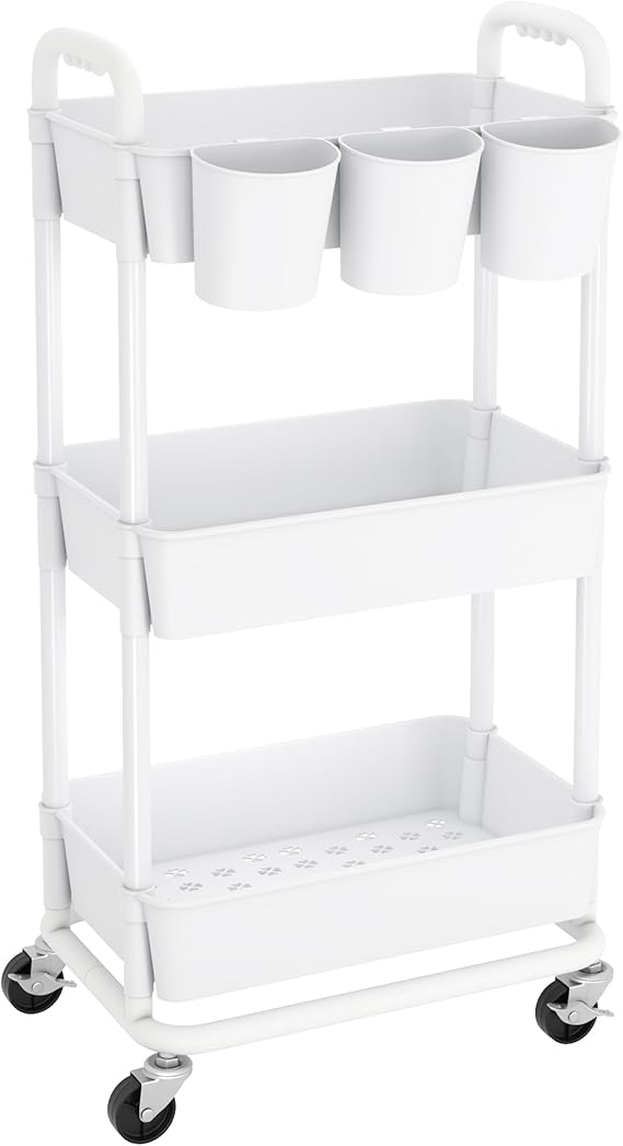 JIUYOTREE 3-Tier Plastic Rolling Storage Cart Utility Cart with Extra Hanging Cups Handles Lockable Wheels for Living Room Bathroom Kitchen Office White