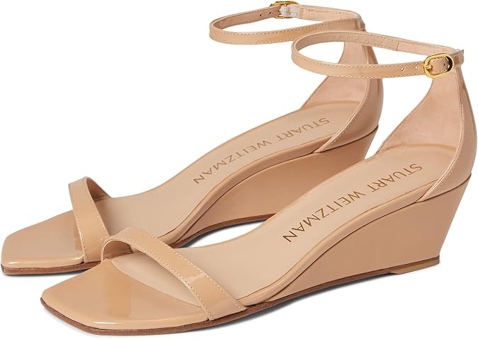 Stuart Weitzman Nudistcurve 50 Wedge Heels for Women - Leather Upper, Square-Toe with Thin Strap, and Adjustable Ankle Strap