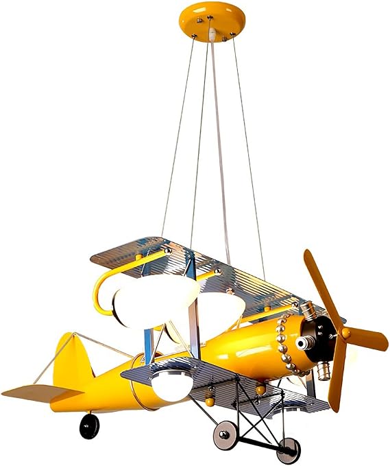Cartoon Yellow Airplane Chandelier 27.5'' Kids Ceiling Light Aircraft Modern Combat Helicopter Model with Glass lampshade Hanging Lighting for Children Bedroom Bedroom, Nursery Room