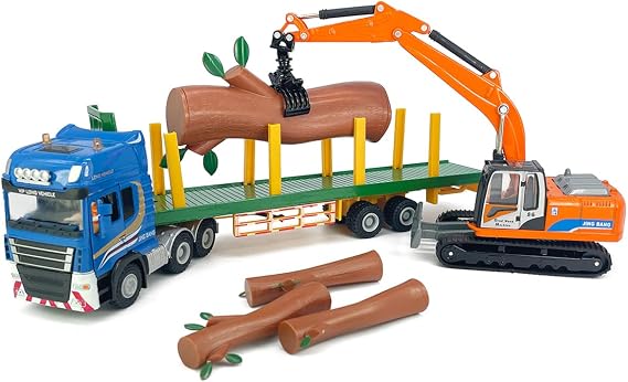 Timber Transport Truck Log Trailer with Loading Wood Grab Logging Flatbed Truck Toy Carrier Semi Tow Trucks Metal Diecast Construction Vehicles 2 in 1 Vehicle Playset Toy Trucks for Boys Kids Gifts
