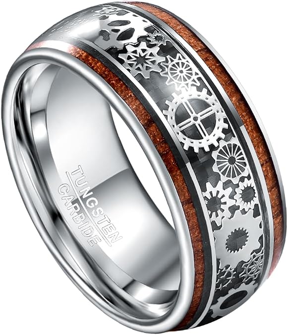 10mm Silver/Black Tungsten Rings for Men Steampunk Gear Inlay Size 7-14 | Koa Wood, Black Carbon Fiber, Dome Band Ring, for Wedding, Anniversary, Everyday Wear, Comfort Fit