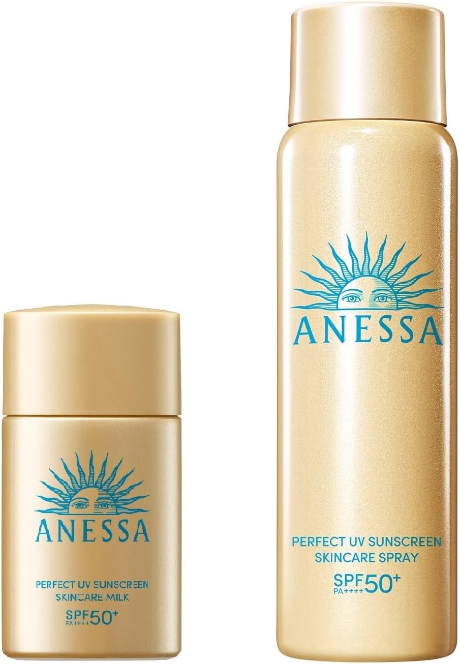 ANESSA Perfect UV Skin Care Milk NA 20 ml SPF50 PA Sunscreen & Perfect UV Skin Care Spray NA 2.1 oz 60 g SPF50PA For Hair, Face, Body, Waterproof, Travel, Portable, Lightweight, Small