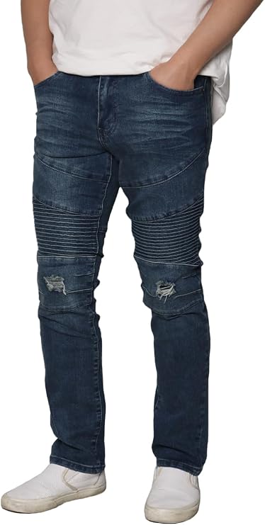 URBANJ Men's Stretch Distressed Jeans Ripped Biker Jean Pants