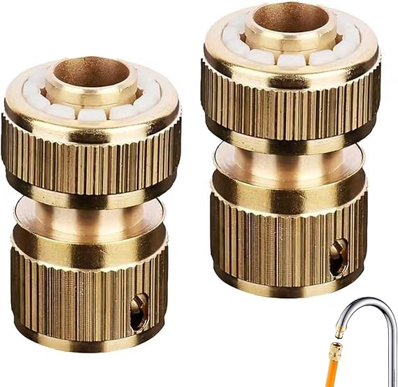 2 PCS Brass Hose Connector, 1/2" Quick Connect Garden Hose Fittings, Thread Easy Connect Faucet Adapter for Outdoor Faucet, Watering, Pressure Washer, Car Washing (Golden)