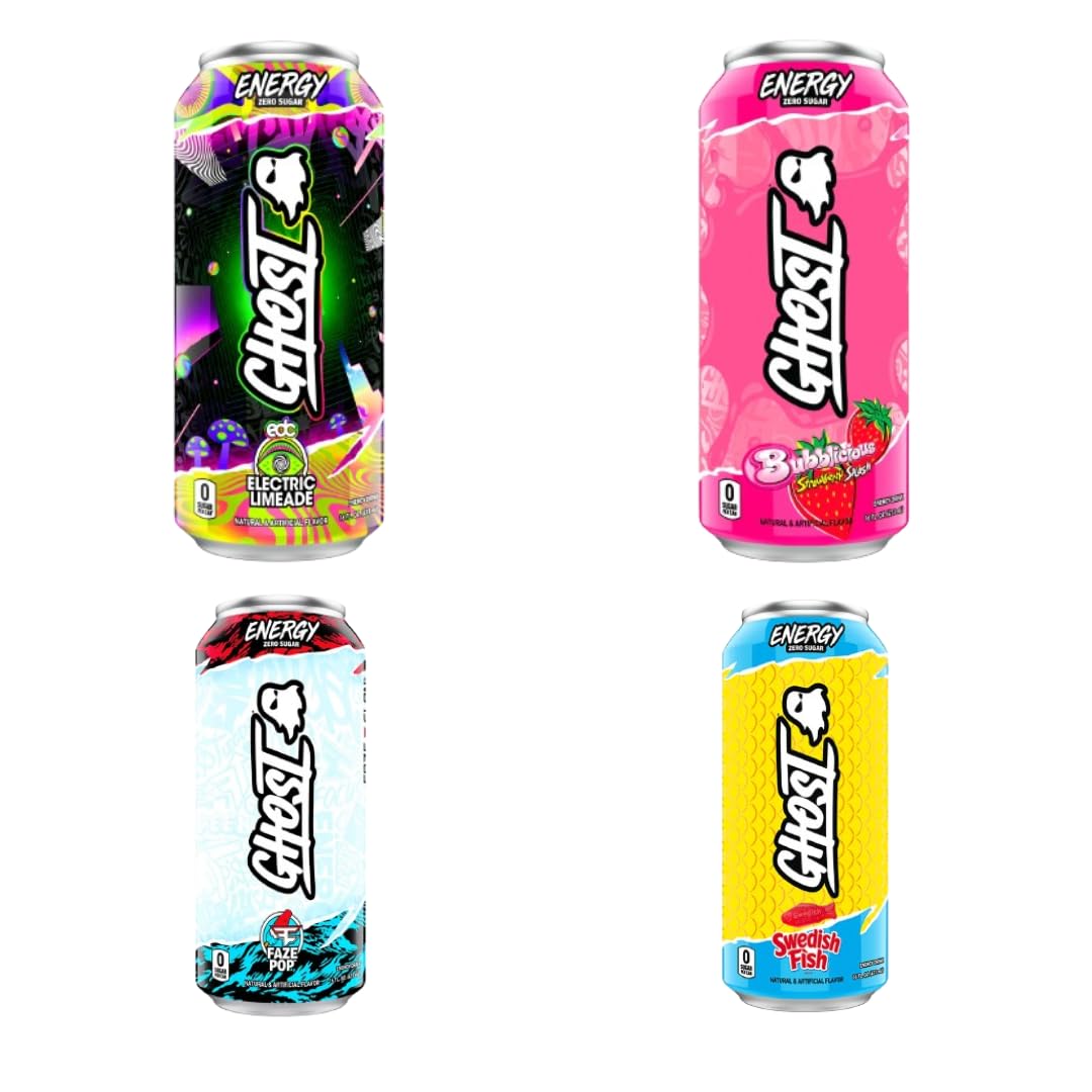 Ghost Energy Variety Pack, Electric Limeade Flavor Exclusive Glows in the Dark, Strawberry, Faze Pop, and Swedish Fish Total 4PK