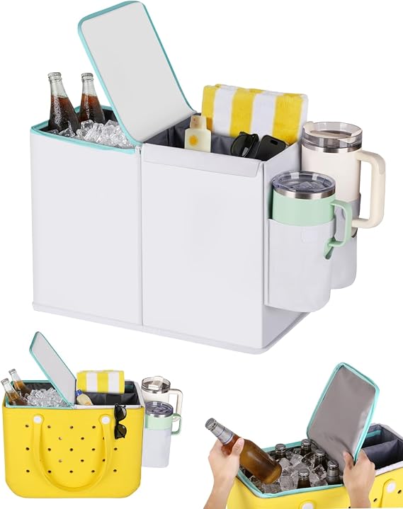 Cooler Organizer Insert for Bogg Bag Original/X-Large, Zippered Insulated Cooler Compartment, Divided Open Storage with Removable Divider, Double Cup Holder for Stanley 3040oz