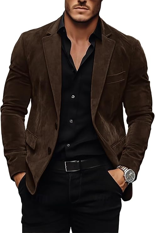 Men's Suede Blazer 2 Button Casual Suit Jacket