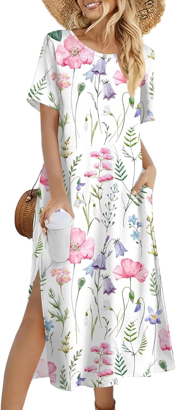 Summer Dresses for Women Crewneck Floral Casual Beach Vacation Dress Printed T Shirt Dress Split Long Dress with Pockets