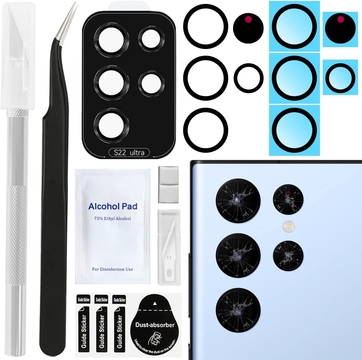 2 Pack Back Rear Camera Glass Lens Replacement for Galaxy S22 Ultra Camera Glass Lens with Back Adhesive, Repair Tool Kit, Camera Glass Lens Protector