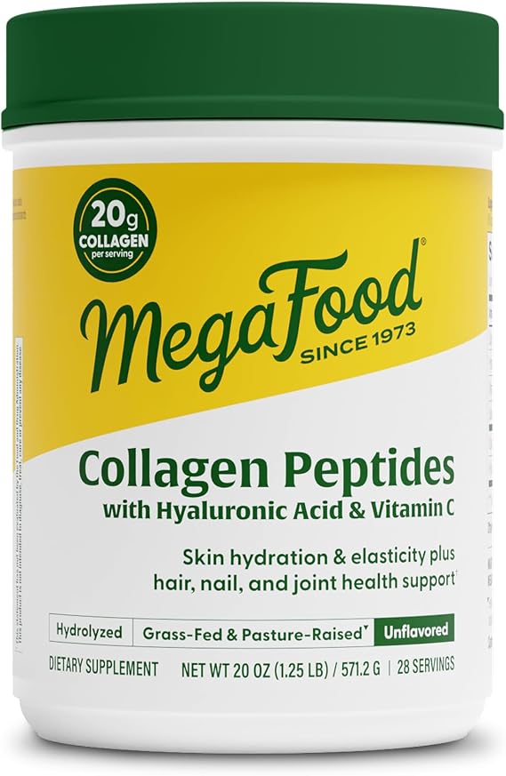 MegaFood Collagen Peptides Powder, 20g, Grass Fed Bovine, Unflavored, 20oz | Collagen Powder, Hyaluronic Acid & Vitamin C for Hair Skin and Nails, Hydrolyzed, Pasture-Raised, with Scoop, 28 Servings