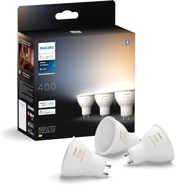 Philips Hue GU10 – Smart LED Spotlight – (3-Pack) White Ambiance, 12.6 watts