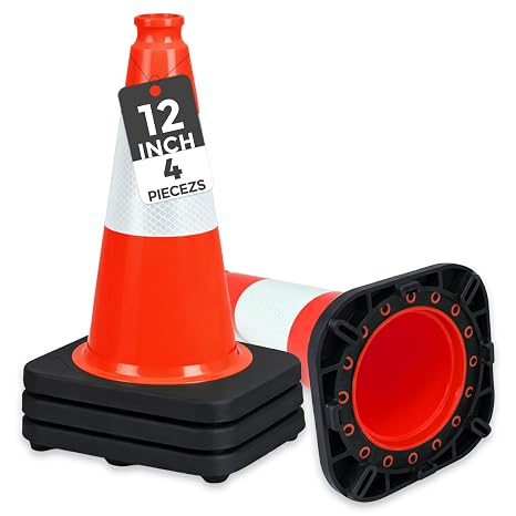 BESEA 4 Pack 12 Inch Red Traffic Cones with 4 Inch Reflective Collar, Heavy Duty PVC Safety Cones with 8.5 x 8.5 Inch Base for Parking, Driving Practice, Sports Training, and Construction