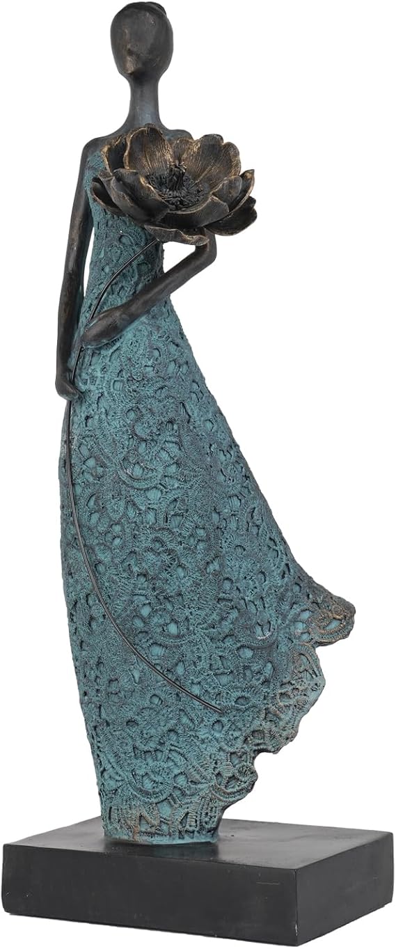Guichifun Resin Bronze Woman Holding Flowers Sculpture 7.5x7.5x21.25 | Modern Creative, Home Statue Handicrafts, Art Ware, Home Decor Office Room Gifts